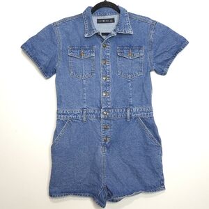 LIONESS Denim Romper Short Sleeve Collared Utility Jumpsuit XL